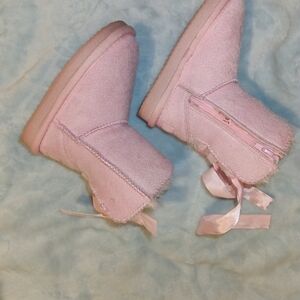 Pink Fuzzy Boots with Ribbon Detail